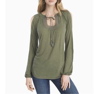 WHBM White House Black Market Slit-Sleeve Green Embroidered Top Size Medium